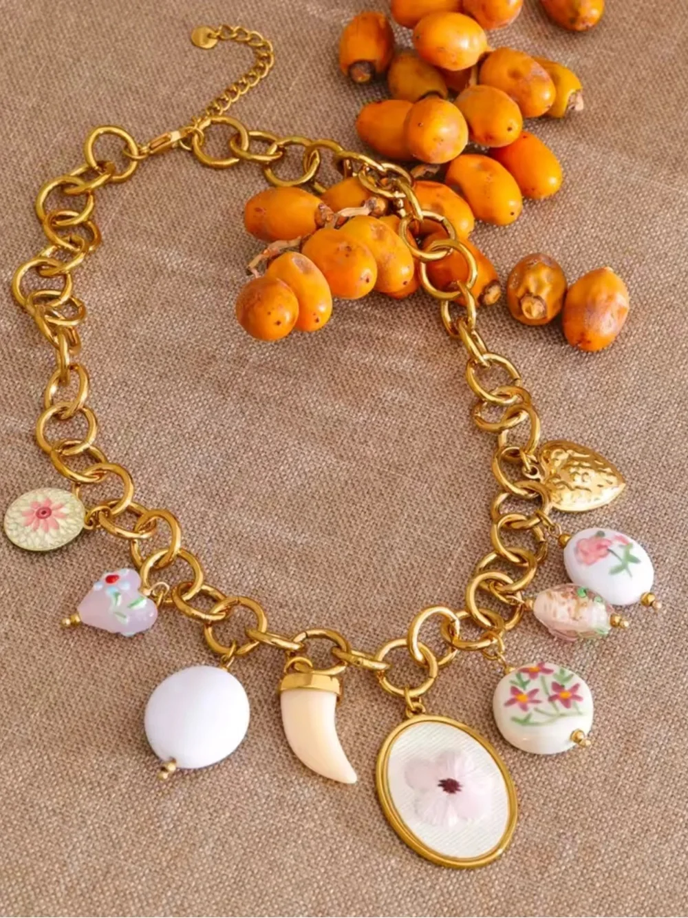 Vintage Floral Porcelain Charm Necklace
